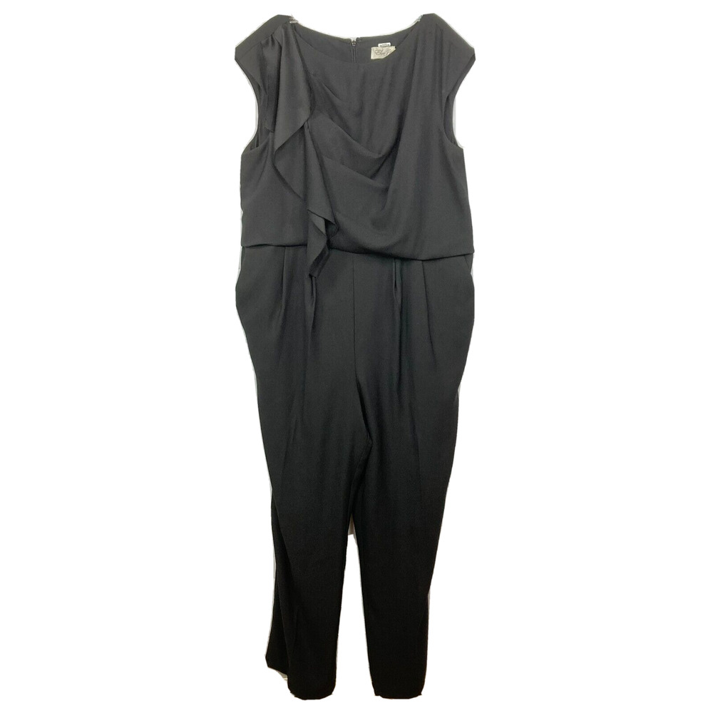 Eliza J Pantsuit Women Sz 16W Black Sleeveless Pleated Ruffle Draped Pockets Zip